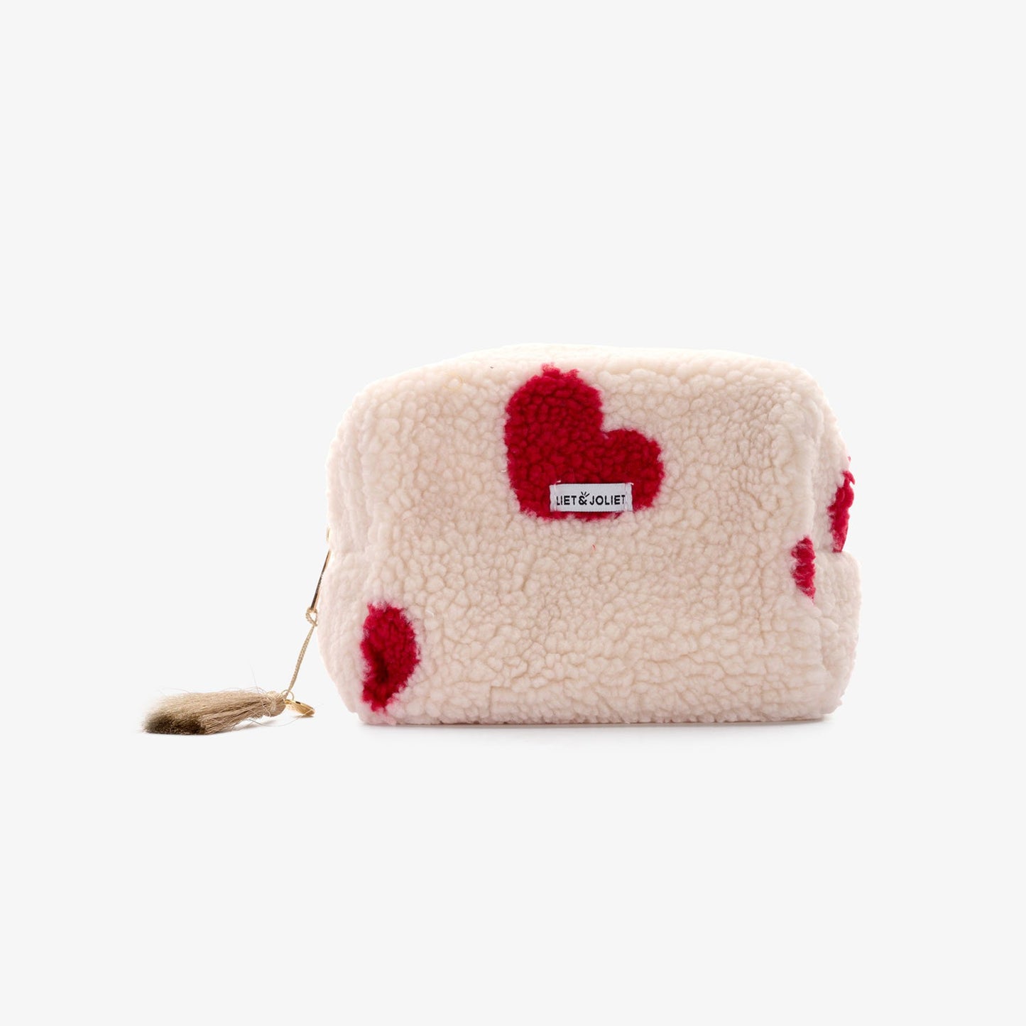 Zum Verlieben schön – Kosmetiktasche Teddyfleece mit roten Herzen